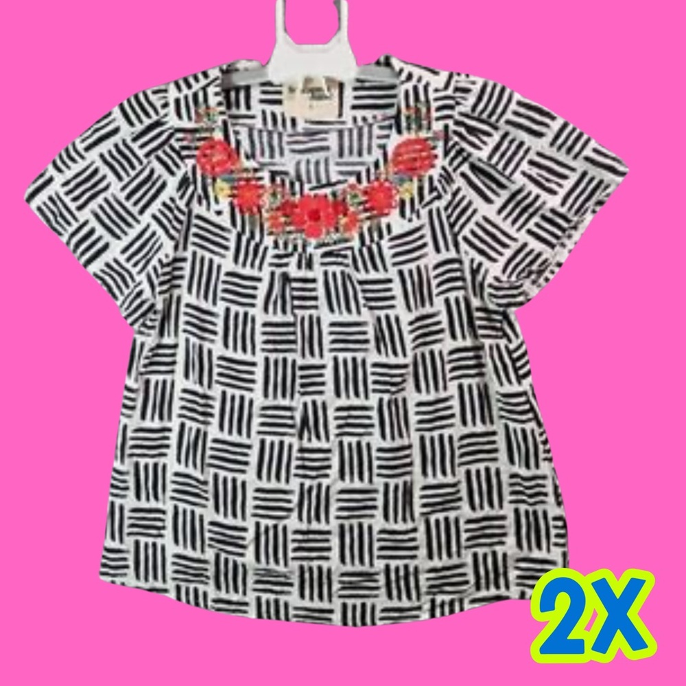 2x Savanna Jane Black and White Blouse with Red Floral Design